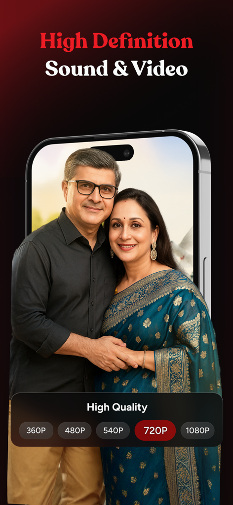 Smartphone interface of Kuku TV app highlighting high definition sound and video quality options