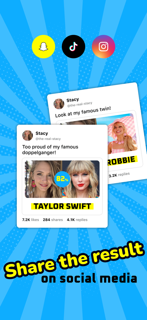 Celebs - Celebrity Look Alike - InstagramやTikTokのようなソーシャルメディアプラットフォームで有名人のそっくりさんの結果を共有する方法を示すインターフェース