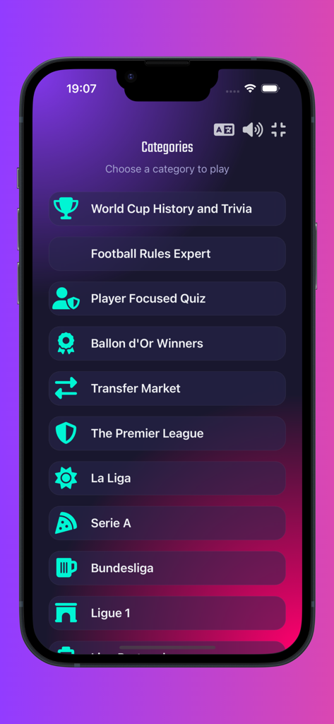Lista de categorías de trivia de fútbol que incluyen la historia de la Copa del Mundo, la Premier League y los ganadores del Balón de Oro en la aplicación de trivia de fútbol.