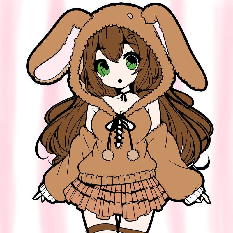 pretty anime girl wearing a fluffy hoodie with bunny ears on the hood and a skirt