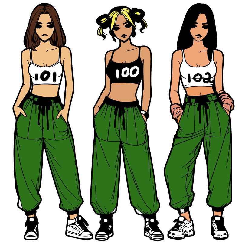 realistic girls with baggy pants and crop top