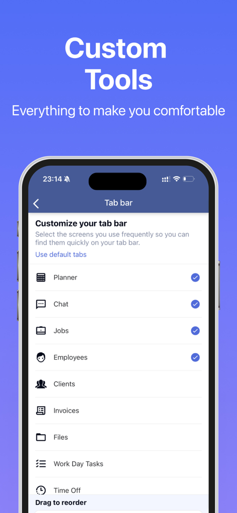 Employee Link app interface for customizing the navigation tab bar with tools like planner and chat