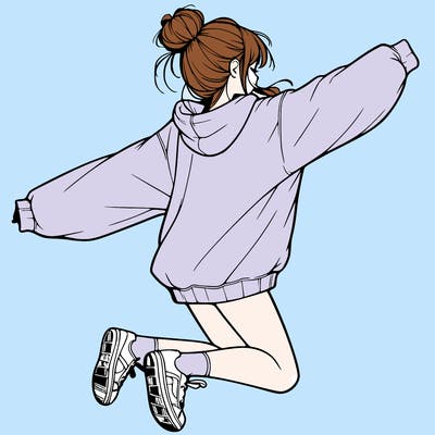 realistic girl jumping with a bun and oversized sweatshirt