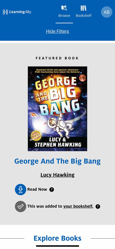 Learning Ally Audiobooks interface displaying the featured book George and the Big Bang by Lucy Hawking with options to read now