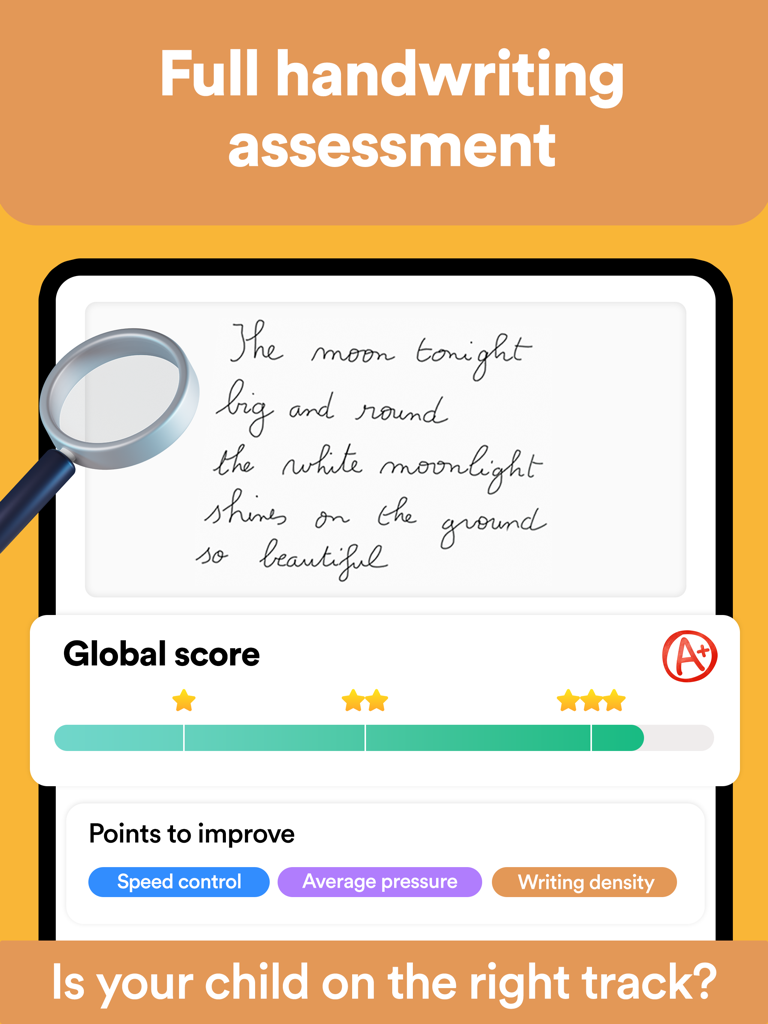 Dynamilis Handwriting Practice - A handwriting assessment report in the Dynamilis app showing a global score and feedback on writing skills