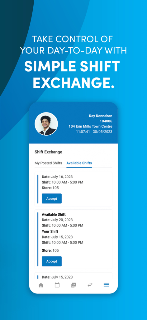 SF ESS app interface showing the shift exchange feature where retail employees can view and accept available shifts