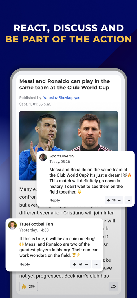 Tribuna.com: Sports of Ukraine - Un artículo de noticias deportivas dentro de la aplicación Tribuna que presenta comentarios y reacciones de usuarios sobre las estrellas del fútbol Messi y Ronaldo.