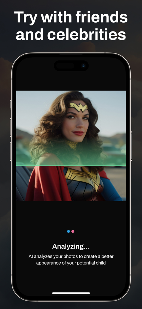 Screenshot of the AI Baby Generator app scanning a celebrity photo to predict a future child's appearance.