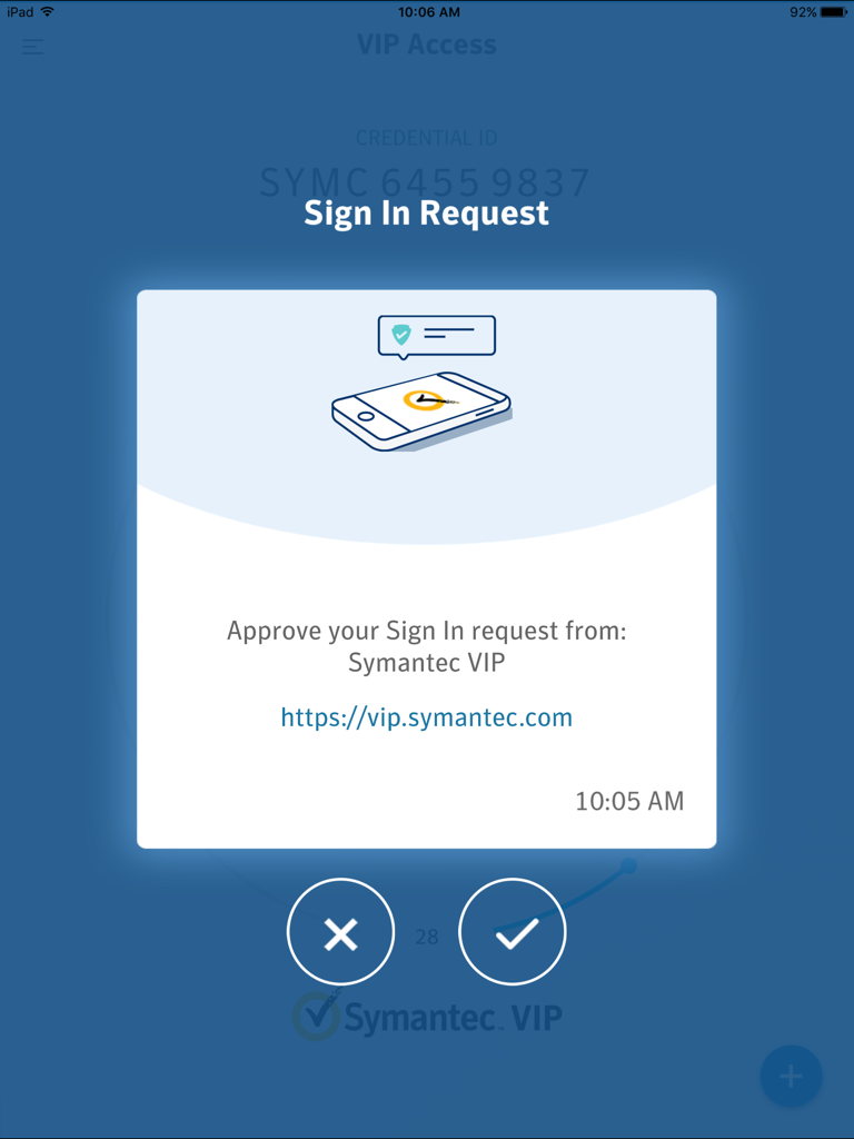Interfaz de la aplicación VIP Access en iPad que muestra una ventana emergente de Solicitud de inicio de sesión para Symantec VIP con botones de aprobar y denegar.