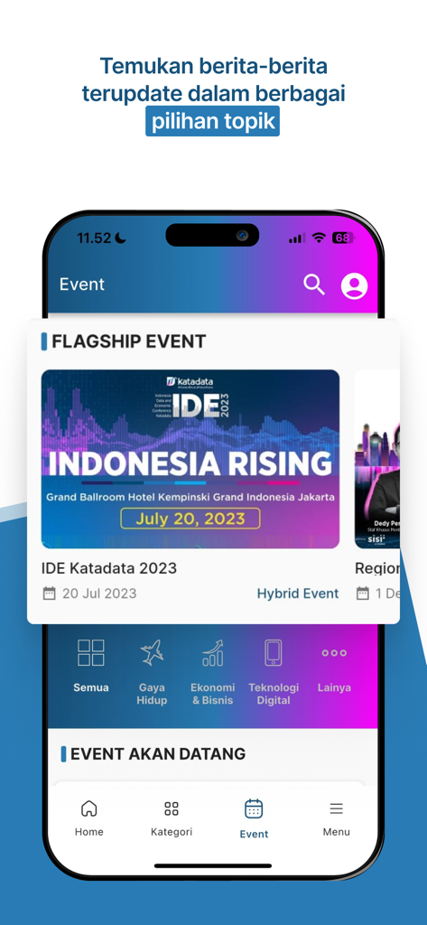 Katadata - Katadata app interface showing upcoming flagship events and news categories