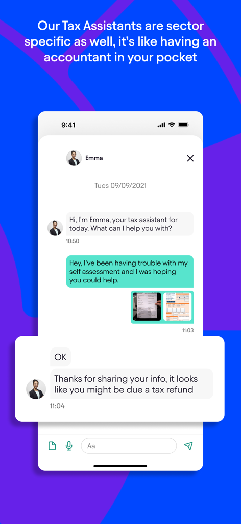@Pie Tax - The Pie Tax app showing a conversation with a human tax assistant providing expert advice on self-assessment.