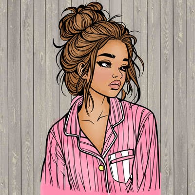 realistic woman with pajamas on and a messy bun