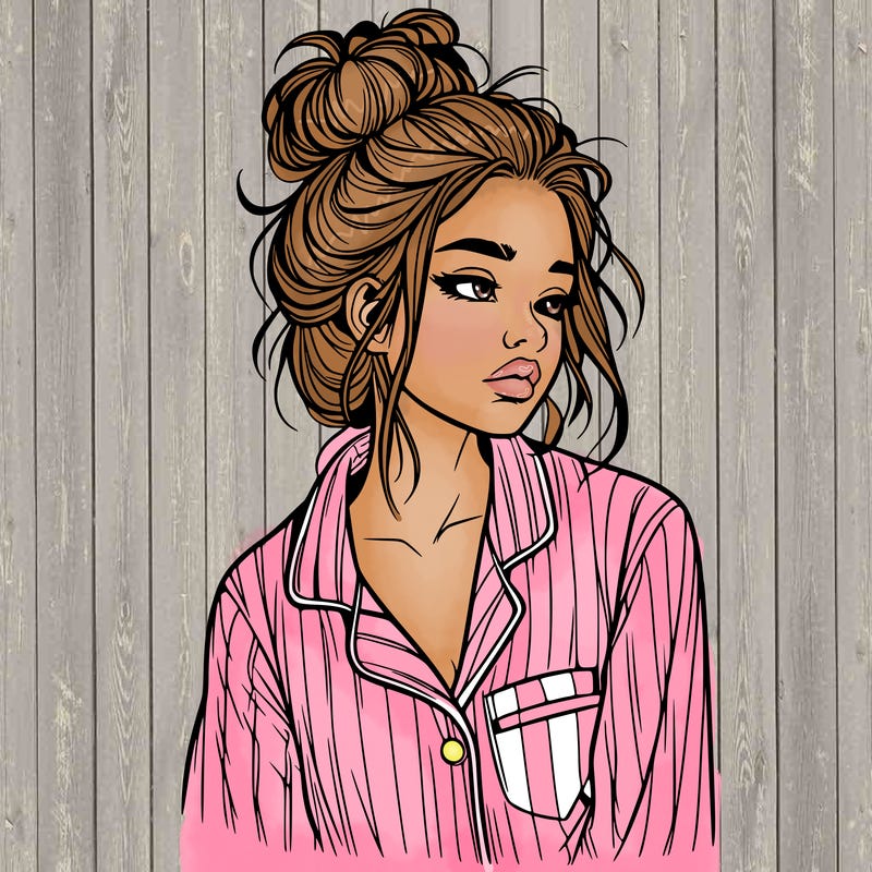 realistic woman with pajamas on and a messy bun