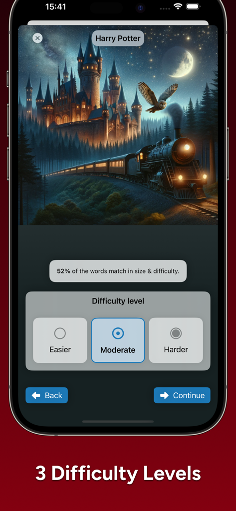 CrossCraft: Crossword Tests - Interfaz de la aplicación CrossCraft que muestra tres niveles de dificultad para un crucigrama temático de Harry Potter.