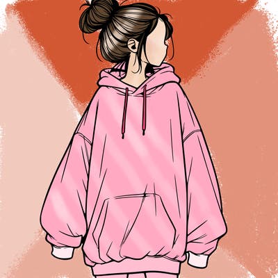 realistic girl with a oversized sweatshirt on and a bun