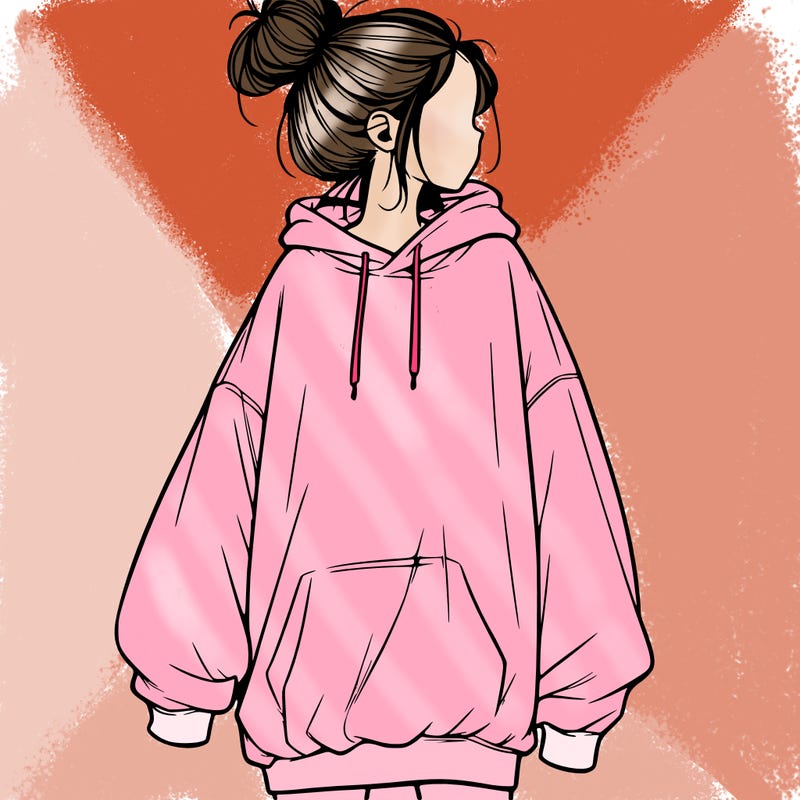 realistic girl with a oversized sweatshirt on and a bun