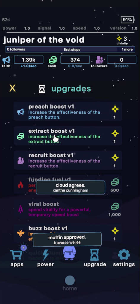 cozy cult - The upgrade menu of the Cozy Cult mobile game showing satirical boosts for faith and cash