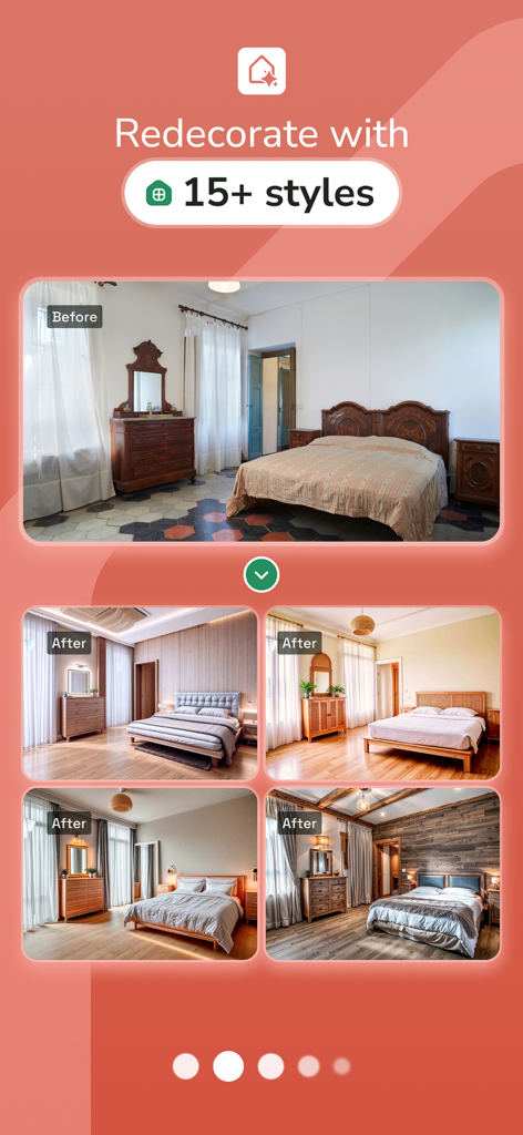 HOQI - Home Staging AI - Comparison of before and after bedroom redecoration using different AI interior design styles in the HOQI app