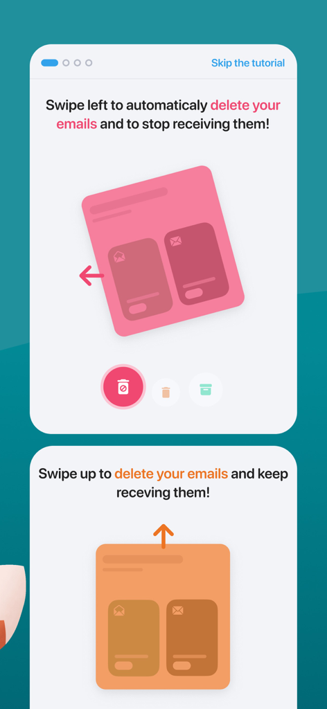 Tutoriel de l'application Cleanfox montrant un balayage vers la gauche pour se désabonner et vers le haut pour supprimer les e-mails.