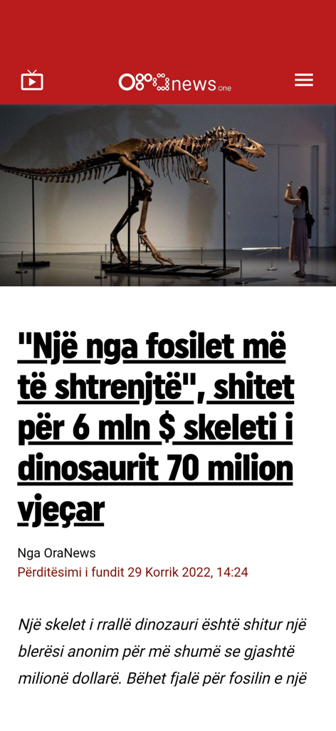 Ora News One - Ora News One app displaying a news article about a dinosaur skeleton fossil sold for six million dollars