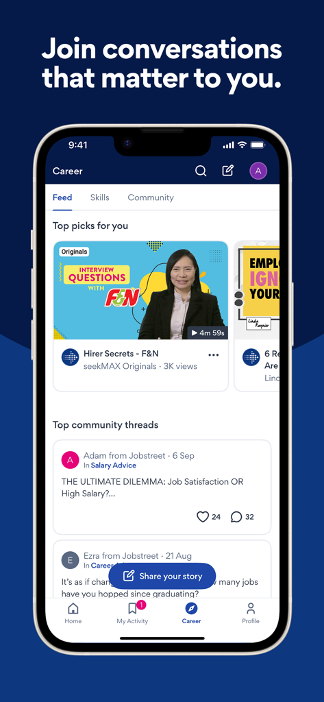 A career feed on the SEEK app displaying professional advice videos and community discussion threads