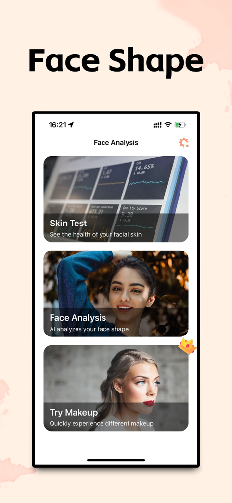 Face Analysis - AI Try Makeup - Menú principal de la aplicación Análisis Facial con análisis de forma facial, prueba de piel y prueba de maquillaje IA