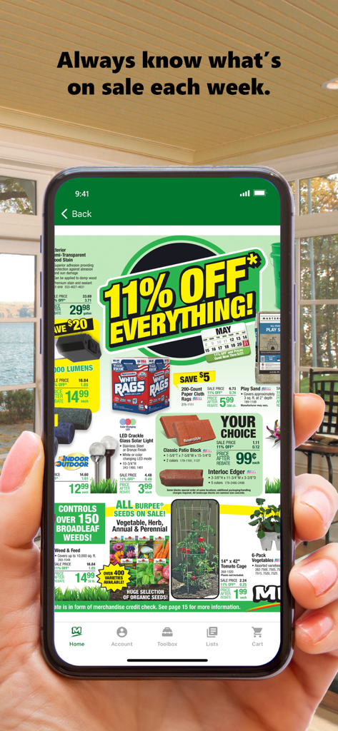 Menards® - A smartphone displaying the Menards app weekly flyer featuring an 11 percent off everything sale and home improvement products