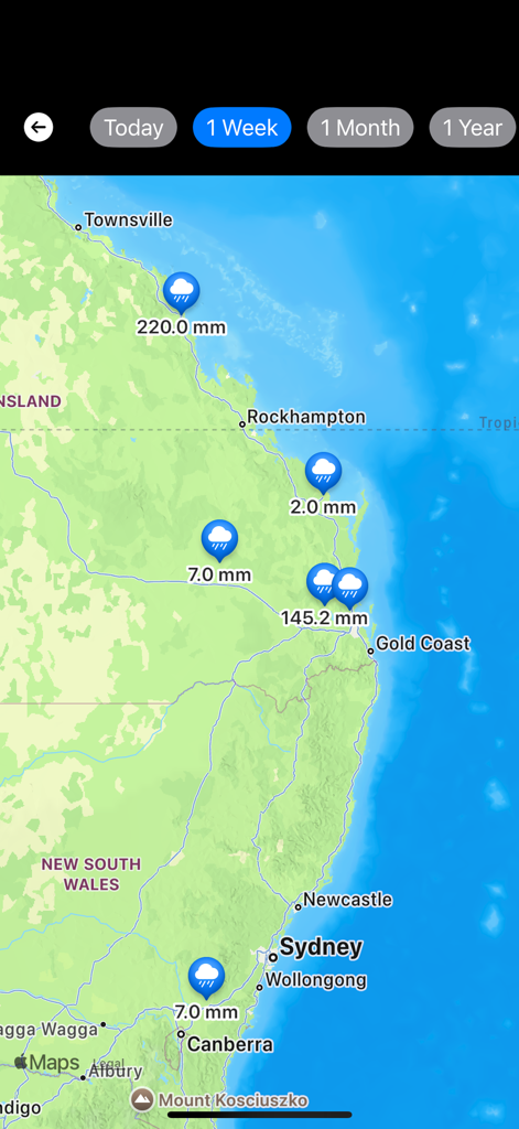 RainLogV2 - A map interface showing rainfall measurements in millimeters shared by users across different geographical locations