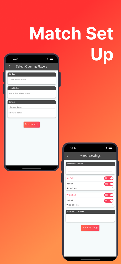 Two mobile screens from the CricÓ app showing the match setup process including selecting opening players and configuring match settings like players per team and ball rules.