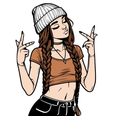 realistic teenage girl with braids and a beanie and crop top doing 🫶🏼