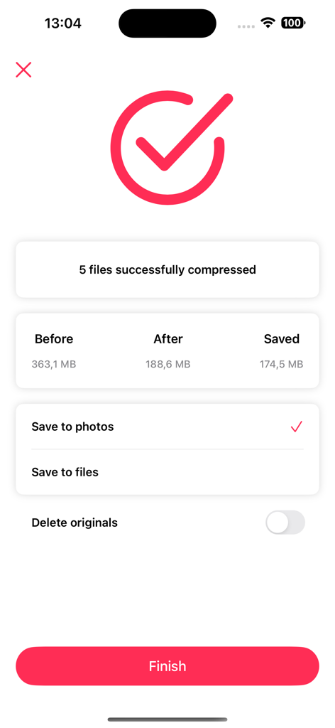 Success screen of Video Compressor app showing 174MB of storage saved after batch compression of five files