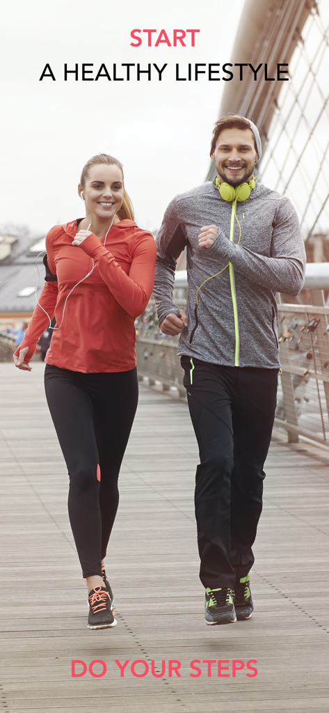 Step Counter Pedometer doSteps - A smiling man and woman jogging together on a bridge promoting a healthy lifestyle.