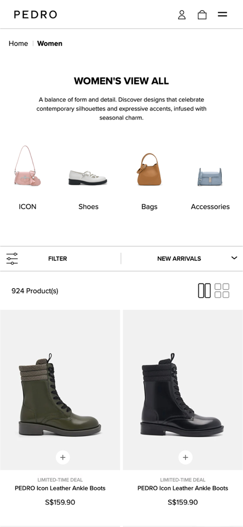 PEDRO - PEDRO app interface showing women's shoes and bags collection with leather ankle boots