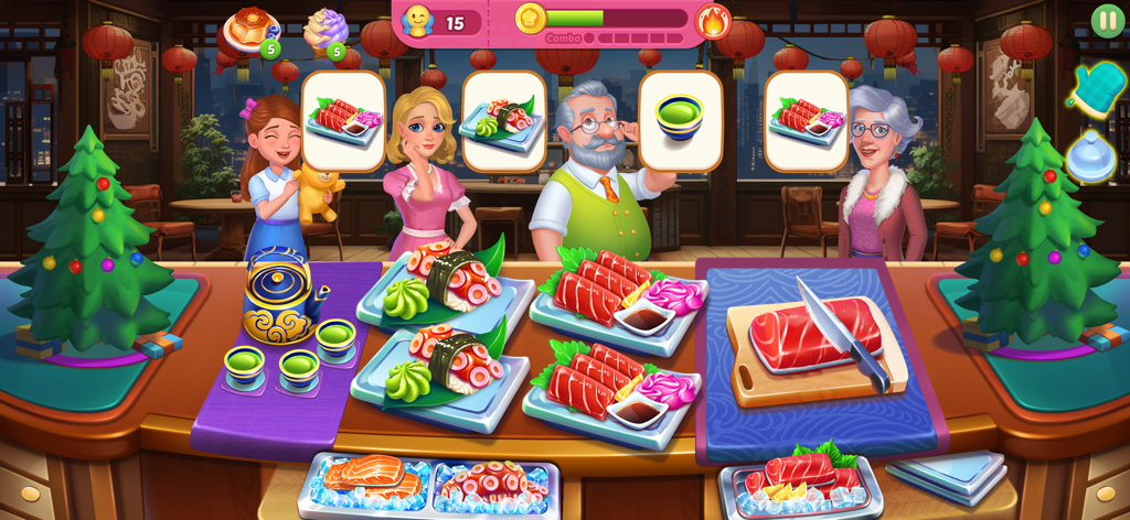 Chef Travel: Cooking Journey - A gameplay screenshot of Chef Travel Cooking Journey showing customers ordering sushi and tea in a Japanese restaurant with festive decorations