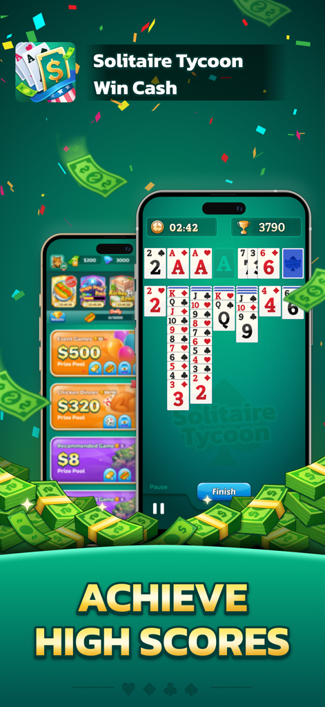Solitaire Tycoon™-Win Cash App - Interfaz de la aplicación Solitaire Tycoon mostrando una partida de juego de cartas y listas de premios de torneos por ganar dinero real.