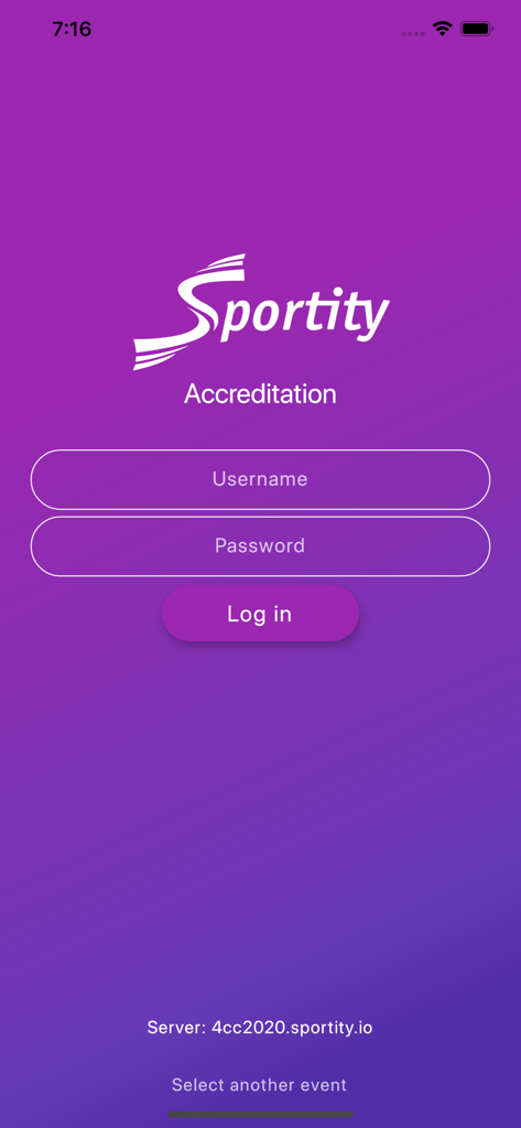 Login screen for the Sportity Accreditation event management app