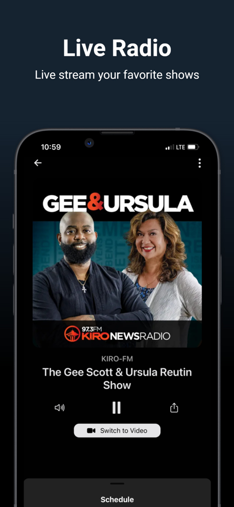 A mobile app interface for KIRO Newsradio 97.3 FM displaying a live radio stream of the Gee Scott and Ursula Reutin Show.