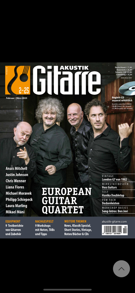 AKUSTIK GITARRE - Cover des Akustik Gitarre Magazins mit dem European Guitar Quartet und Workshop-Themen