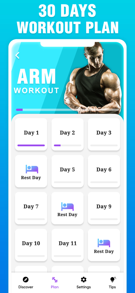Arm Workout - Biceps, Triceps - Pantalla de la aplicación móvil de rutina de brazos que muestra un plan de entrenamiento de 30 días con ejercicios diarios y días de descanso.