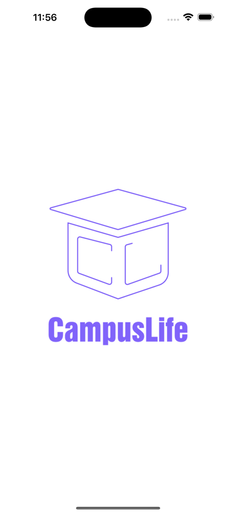 Campus.Life - Campus.Life App Splashscreen mit einem lila Abschlusskappen-Logo und dem App-Namen auf weißem Hintergrund