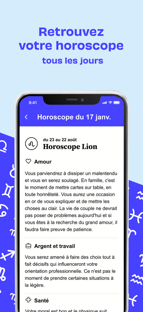20 Minutes, news en continu - Interfaz de la aplicación de noticias 20 Minutos que muestra el horóscopo diario para Leo con secciones sobre amor, dinero y salud.