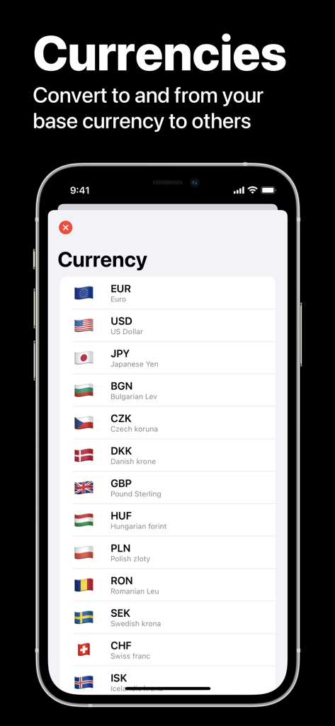 Subscription Manager - Recur - A list of global currencies in the Recur subscription tracking app for currency conversion.