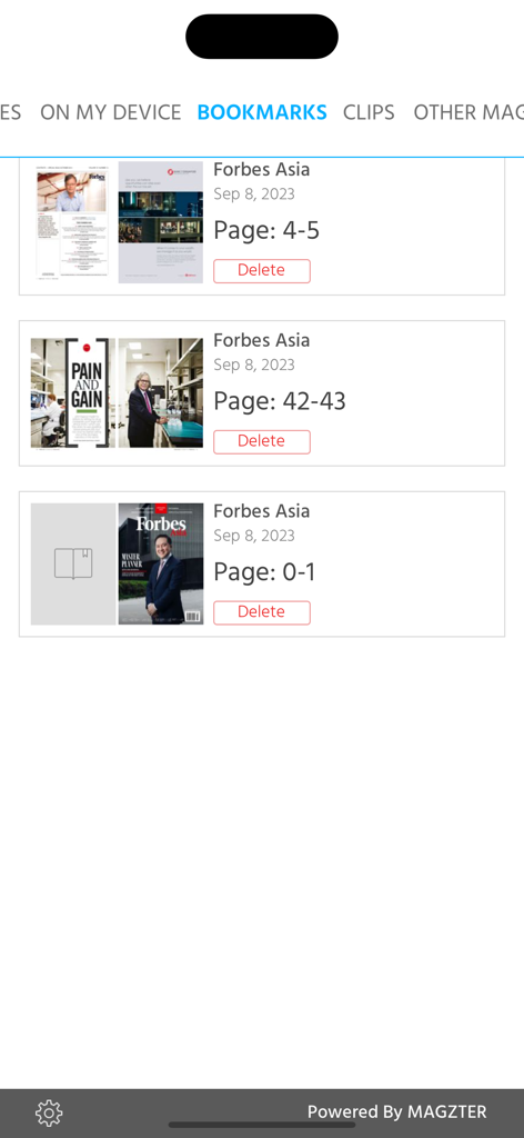 Forbes Asia - 保存された雑誌記事を表示するForbes Asiaアプリのブックマーク画面