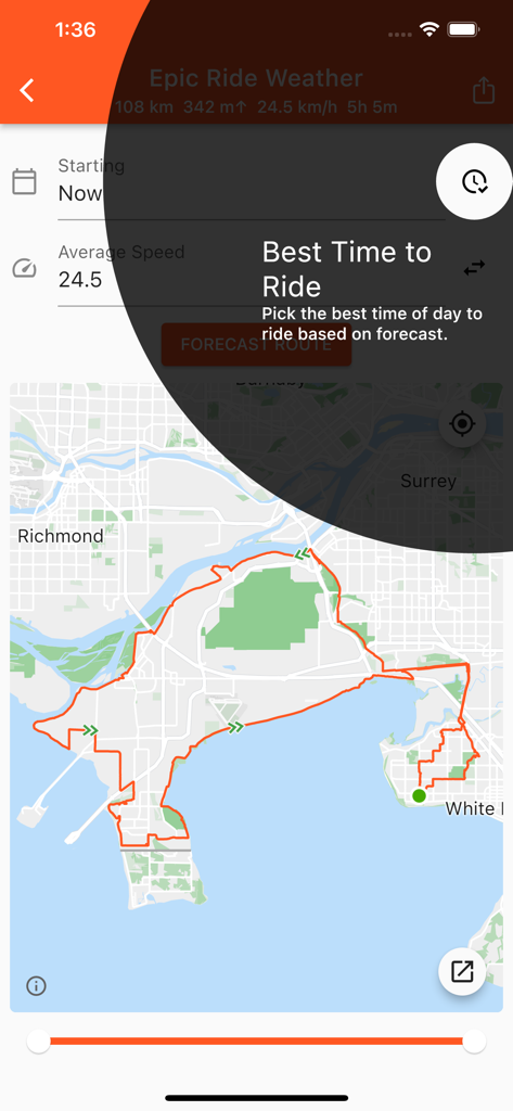 Epic Ride Weather - Epic Ride Weather app screen showing a cycling route map and the best time to ride feature
