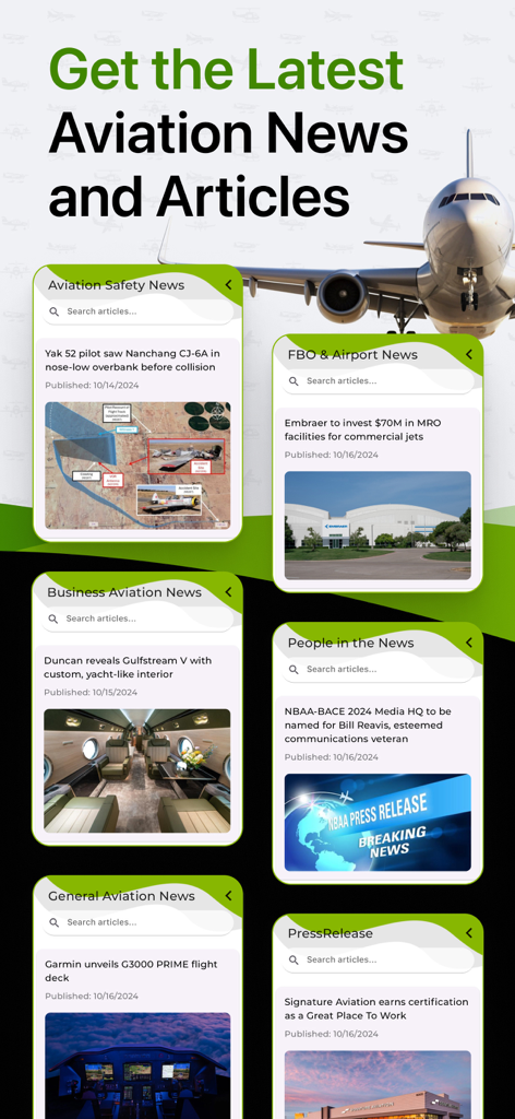 App screen showing various aviation news categories such as safety, business, and airport updates