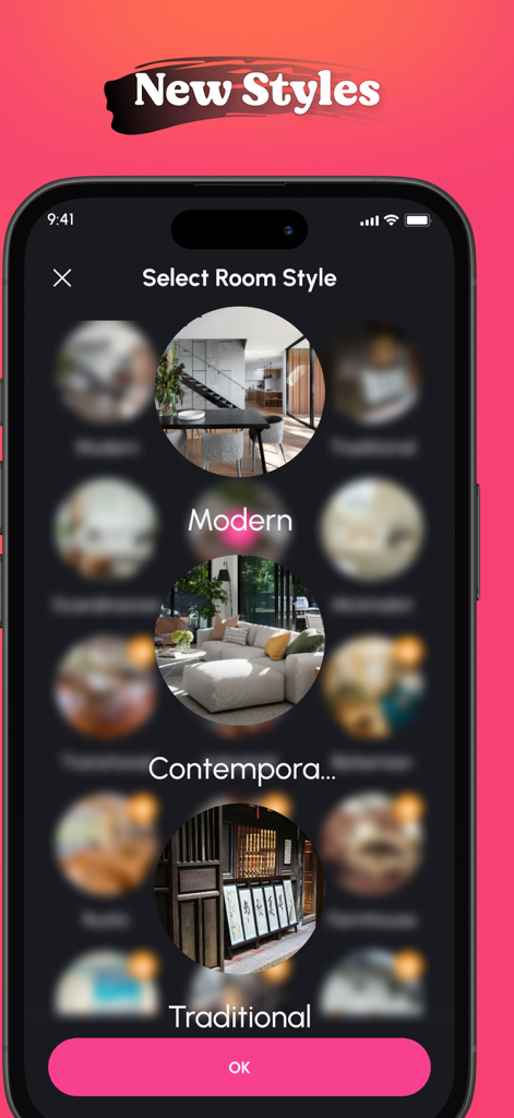Una interfaz móvil para seleccionar estilos de diseño de interiores como Moderno, Contemporáneo y Tradicional en la aplicación HomeAi.