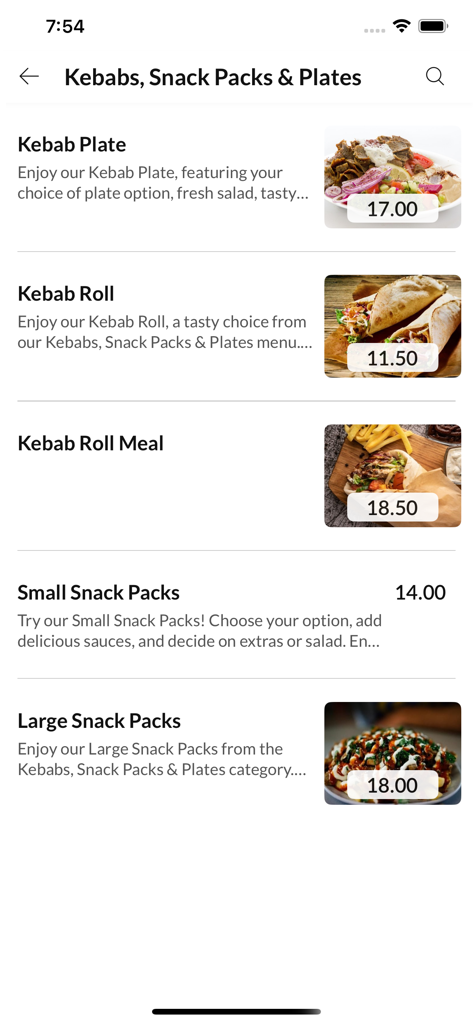 Turkish 2 Go - Turkish 2 Go mobile app menu screen displaying kebab plates, rolls, and snack packs with prices and photos.