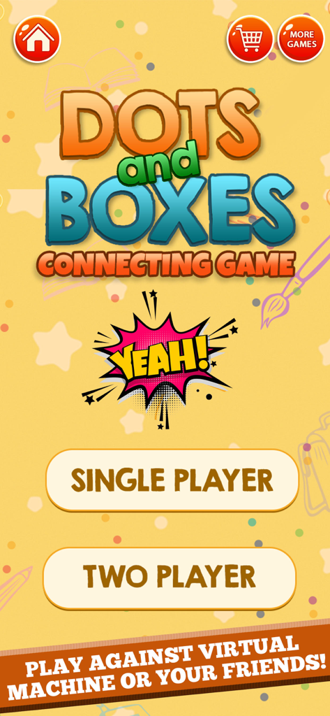 Main menu of Dots and Boxes Connecting Game with single and two player buttons