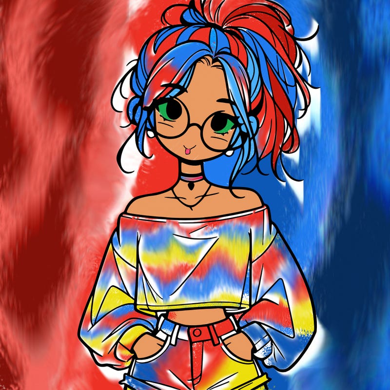 girl with a messy ponytail glasses a baggy crop top and jean shorts