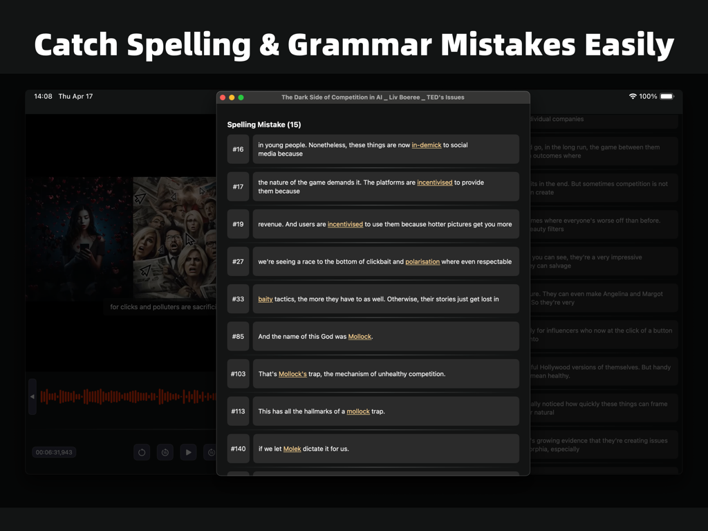 SubEasy interface showing an automated list of spelling and grammar mistakes identified by AI in subtitles